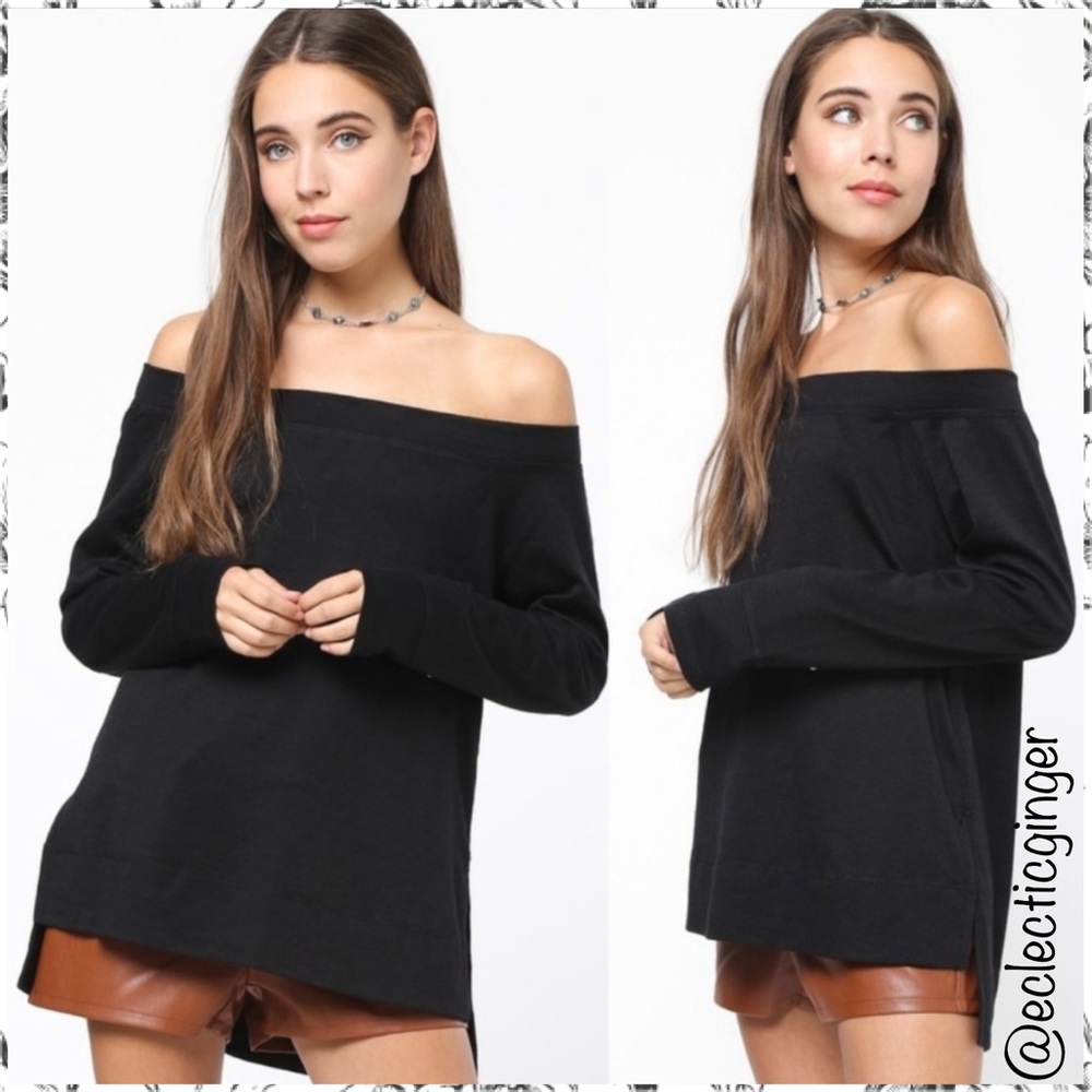 BLACK Off shoulder long sleeve hi low knit top Medium M